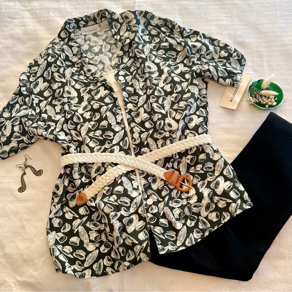 Vintage 90s Liz Claiborne Hat-Print Blouse – Green & Ivory – Button Front – Size - Picture 9 of 15
